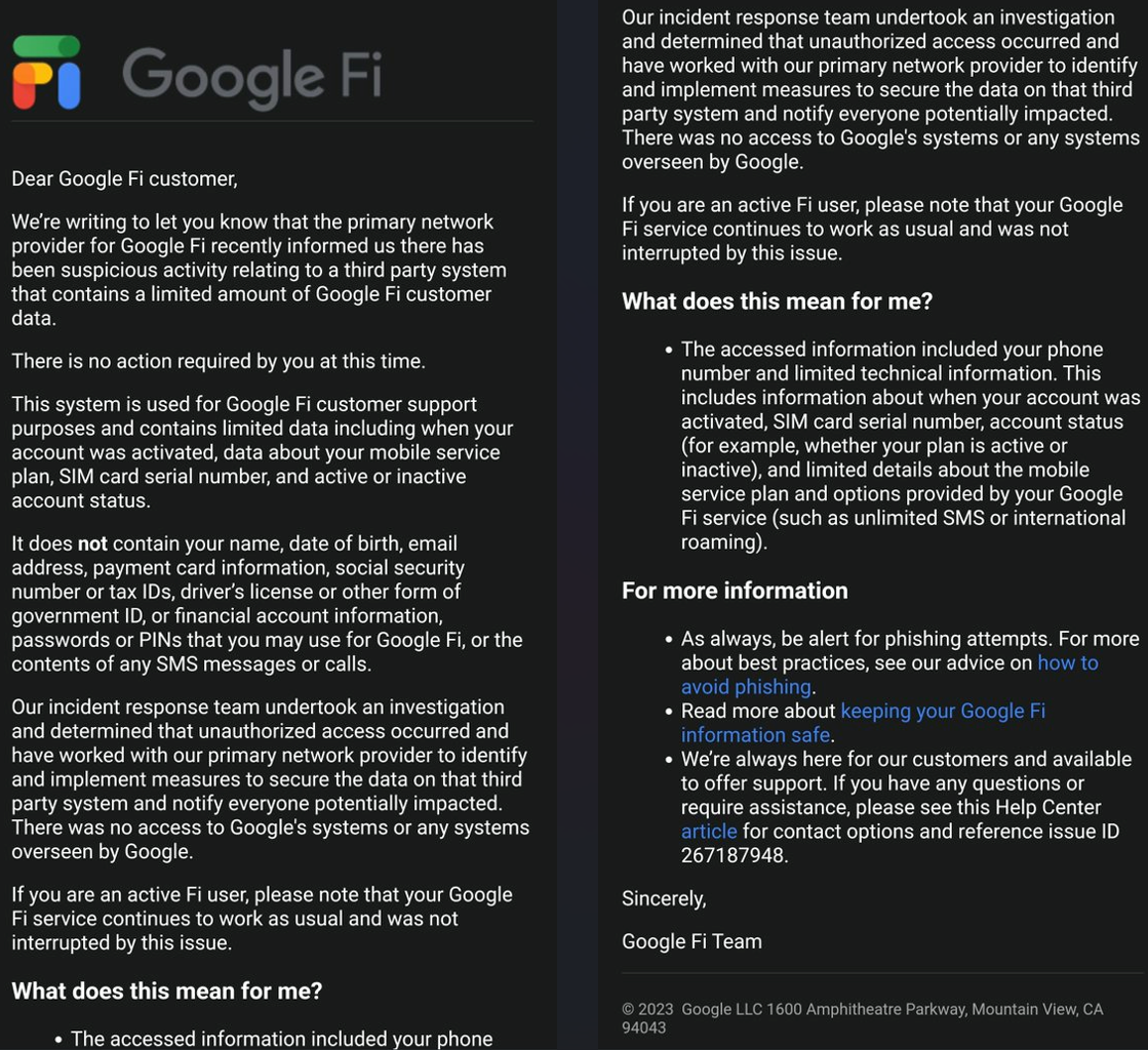 Sample Google Fi notice to customers