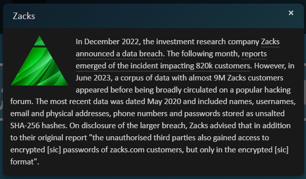 Zacks newest data leak notice on HIBP