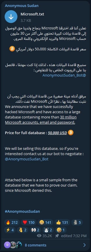 Anonymous Sudan post on Telegram