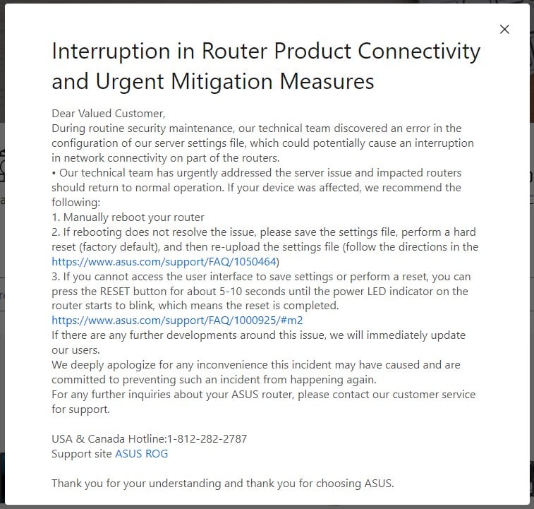 Declaración de problemas de conectividad del router ASUS