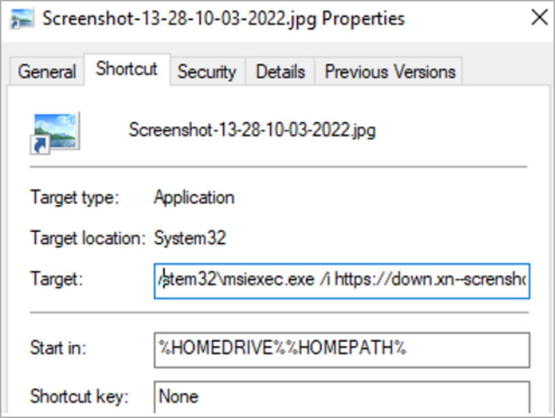 LNK file (screenshot) properties