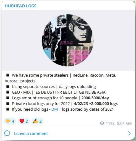 Seller promoting their private logs repository on Telegram