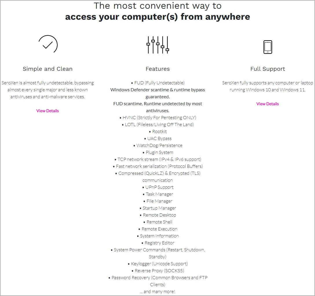 Features of SeroXen promoted on its store site