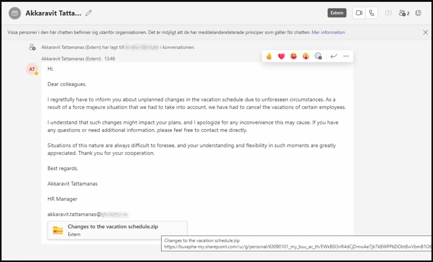 Phishing message sent to targets