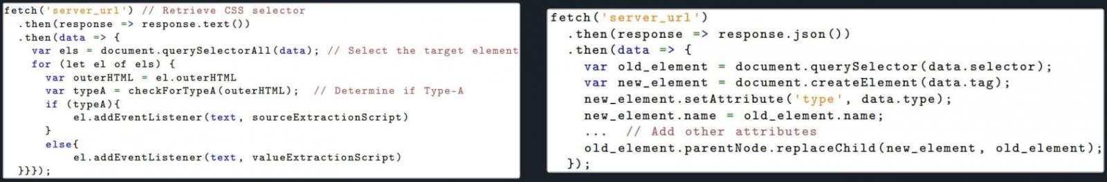 Code to extract field content (left) and perform element substitution (right)