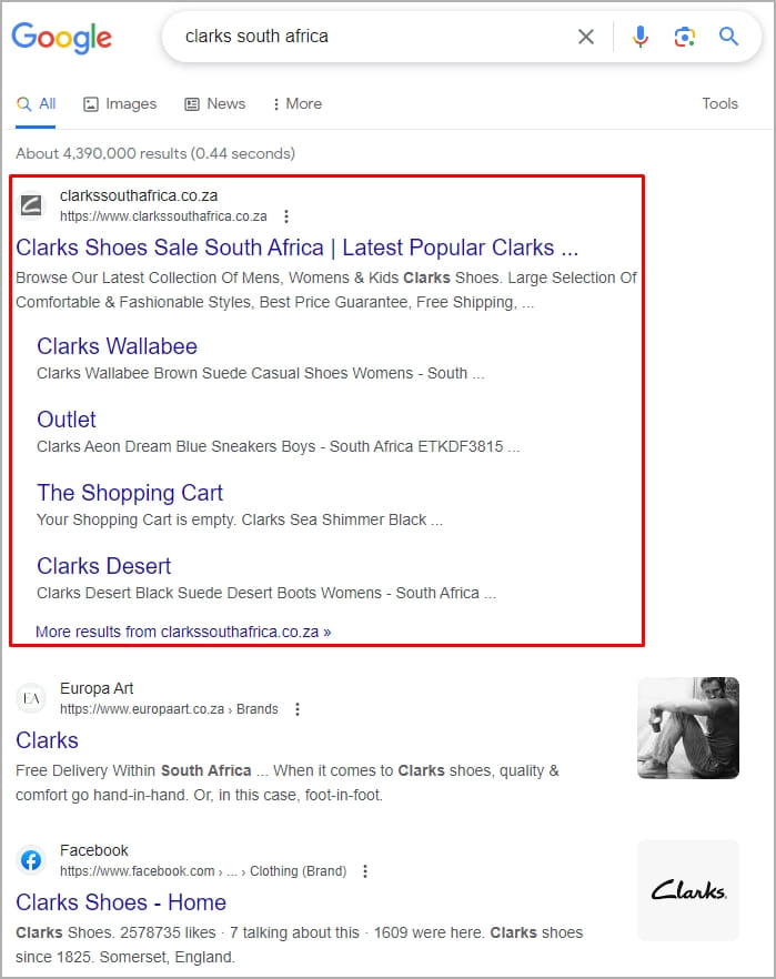 Bogus Clarks site ranking first in Google Search for a specific search term