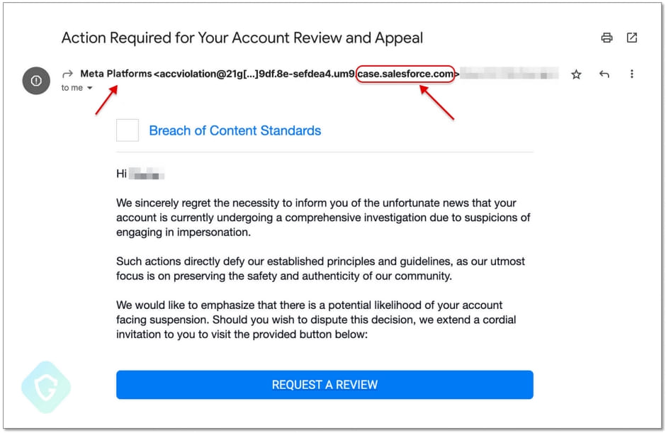 Hackers exploited Salesforce zero-day in Facebook phishing attack 4 Phishing email sampled from a real attack