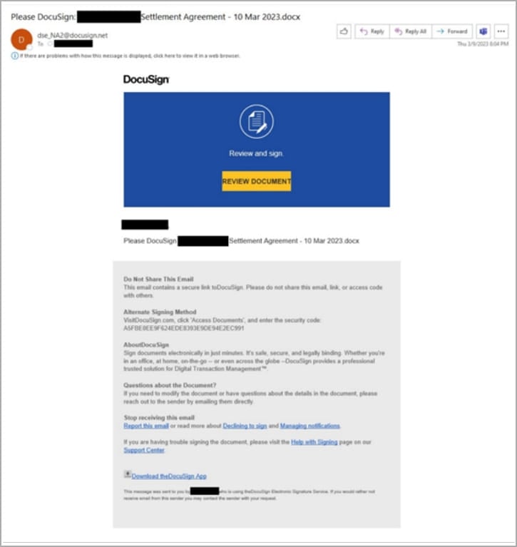 Phishing email used in this campaign
