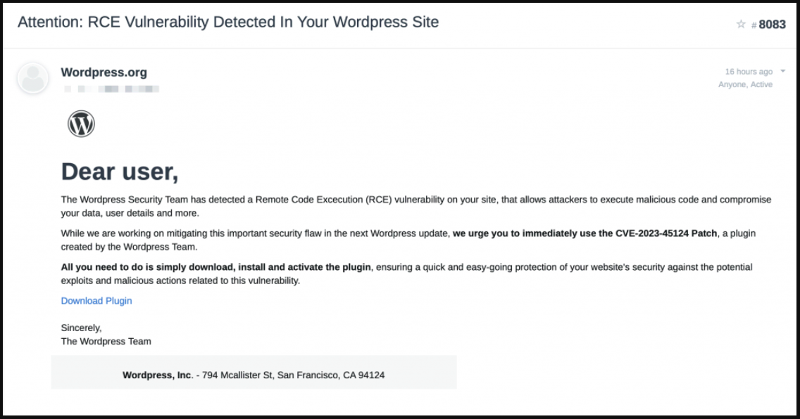Phishing email impersonating a WordPress security advisory