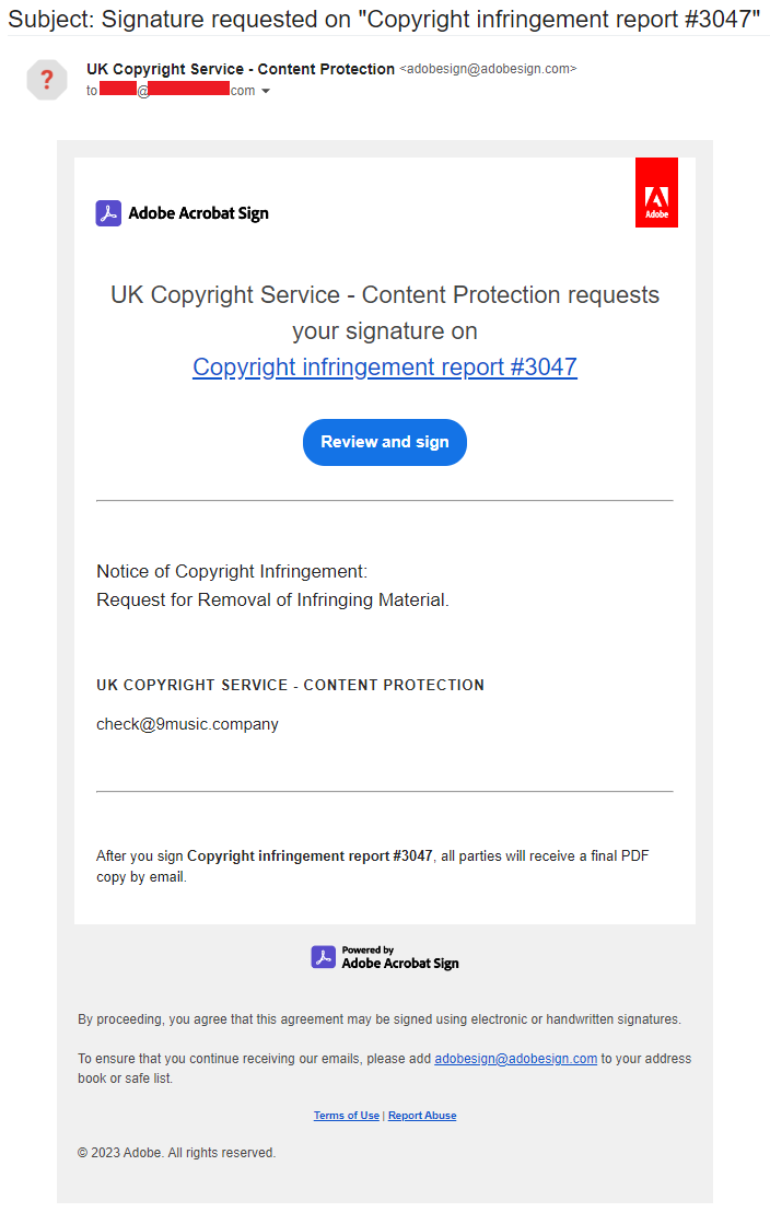 Fake copyright infringement message