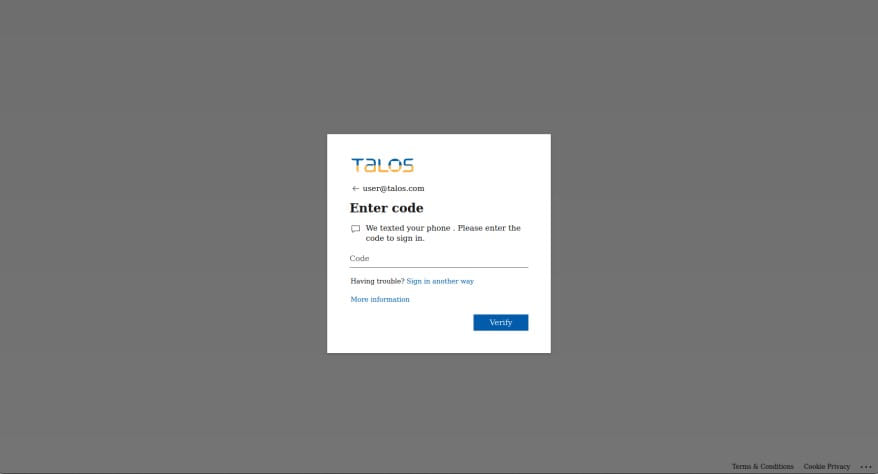 The phishing page prompts the victim to enter a one-time code