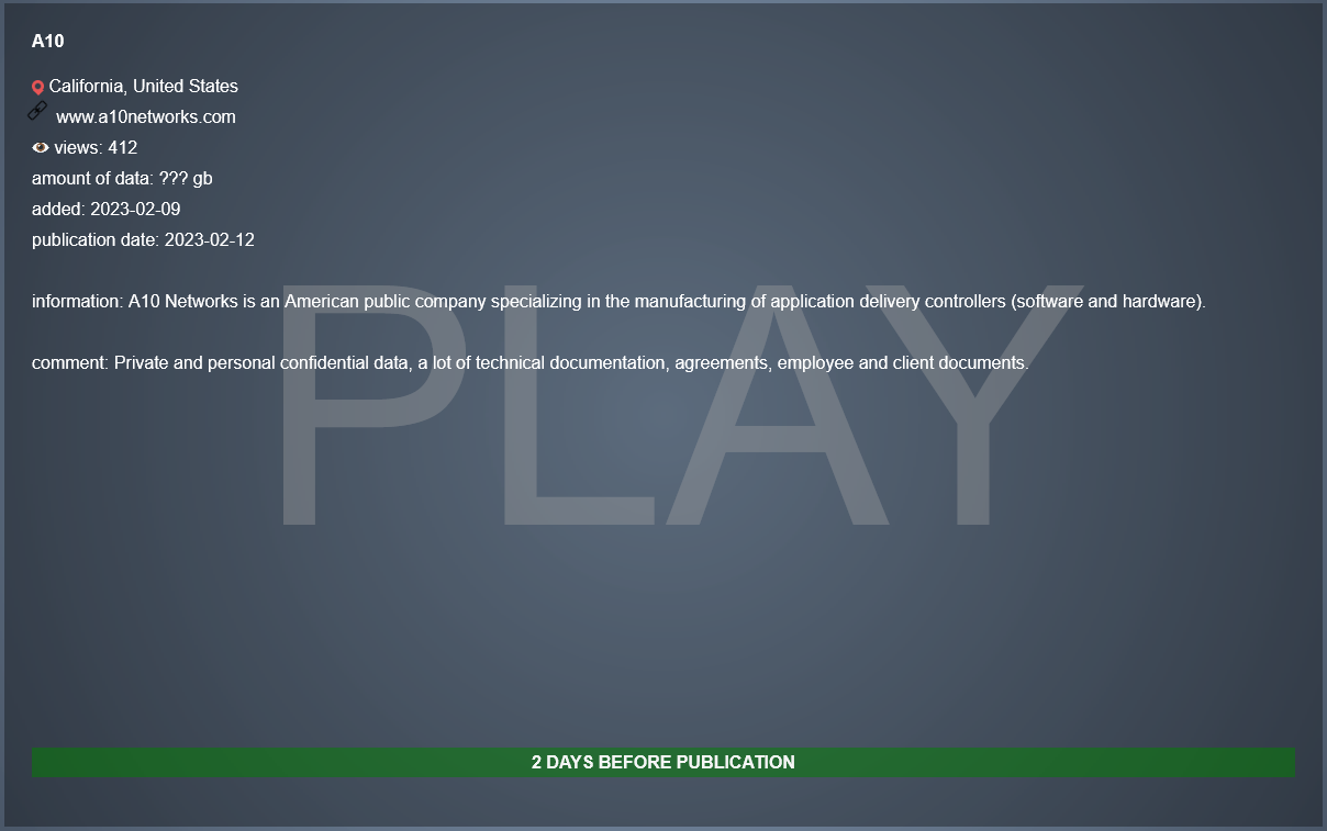 A10 networks listed on the Play Tor site