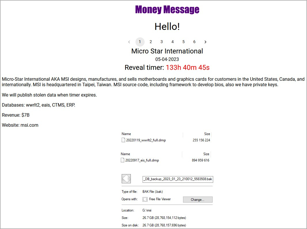 MSI listed on 'Money Message' extortion site