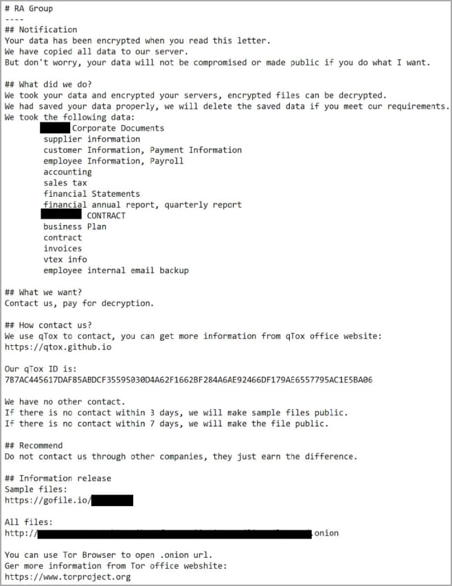 New RA Group ransomware targets U.S. orgs in double-extortion attacks 5 A sample of RA Group's ransom note
