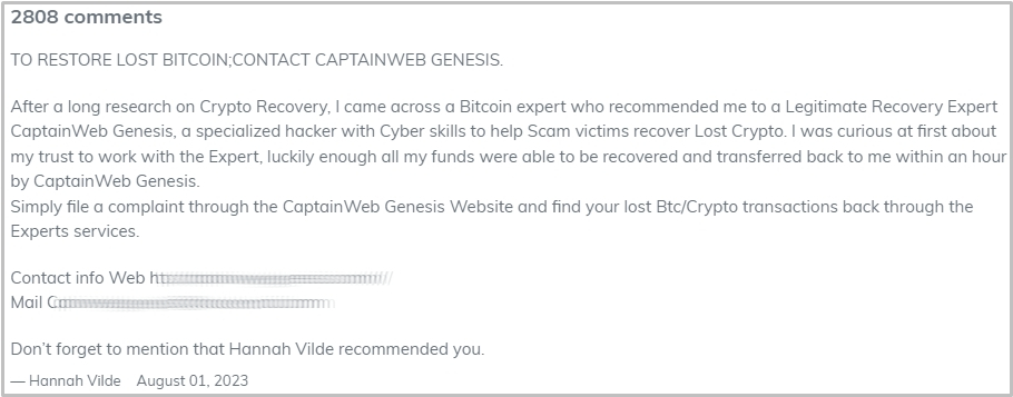 Comment promoting fake crypto recovery services