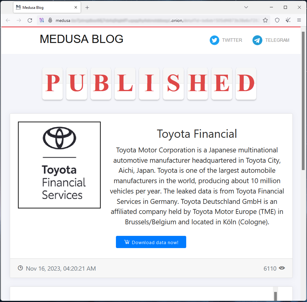 Stolen data available for download via Medusa's extortion portal