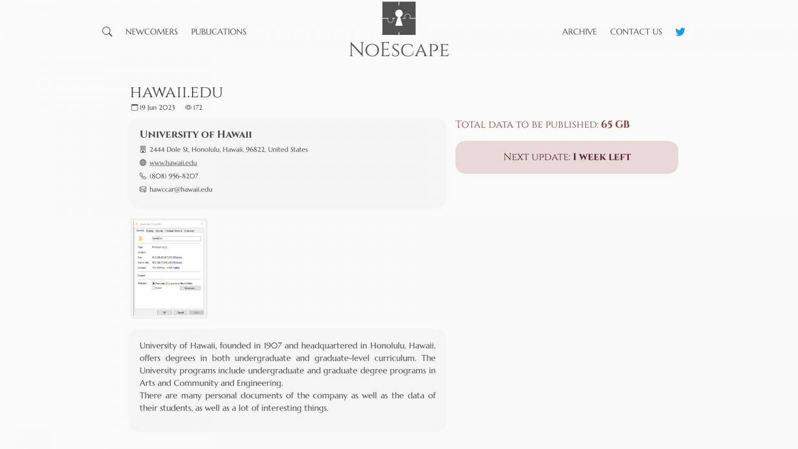 The University of Hawaii listing on NoEscape's extortion portal