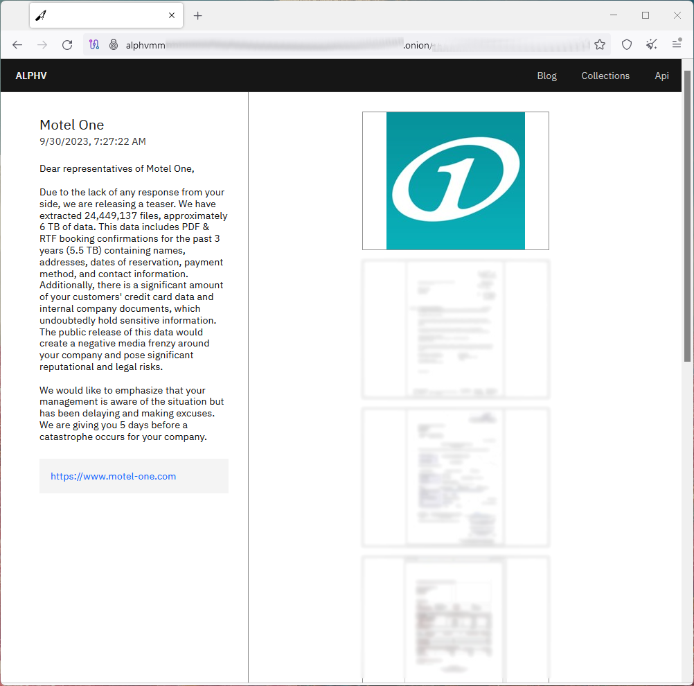 Motel One entry on BlackCat's extortion page