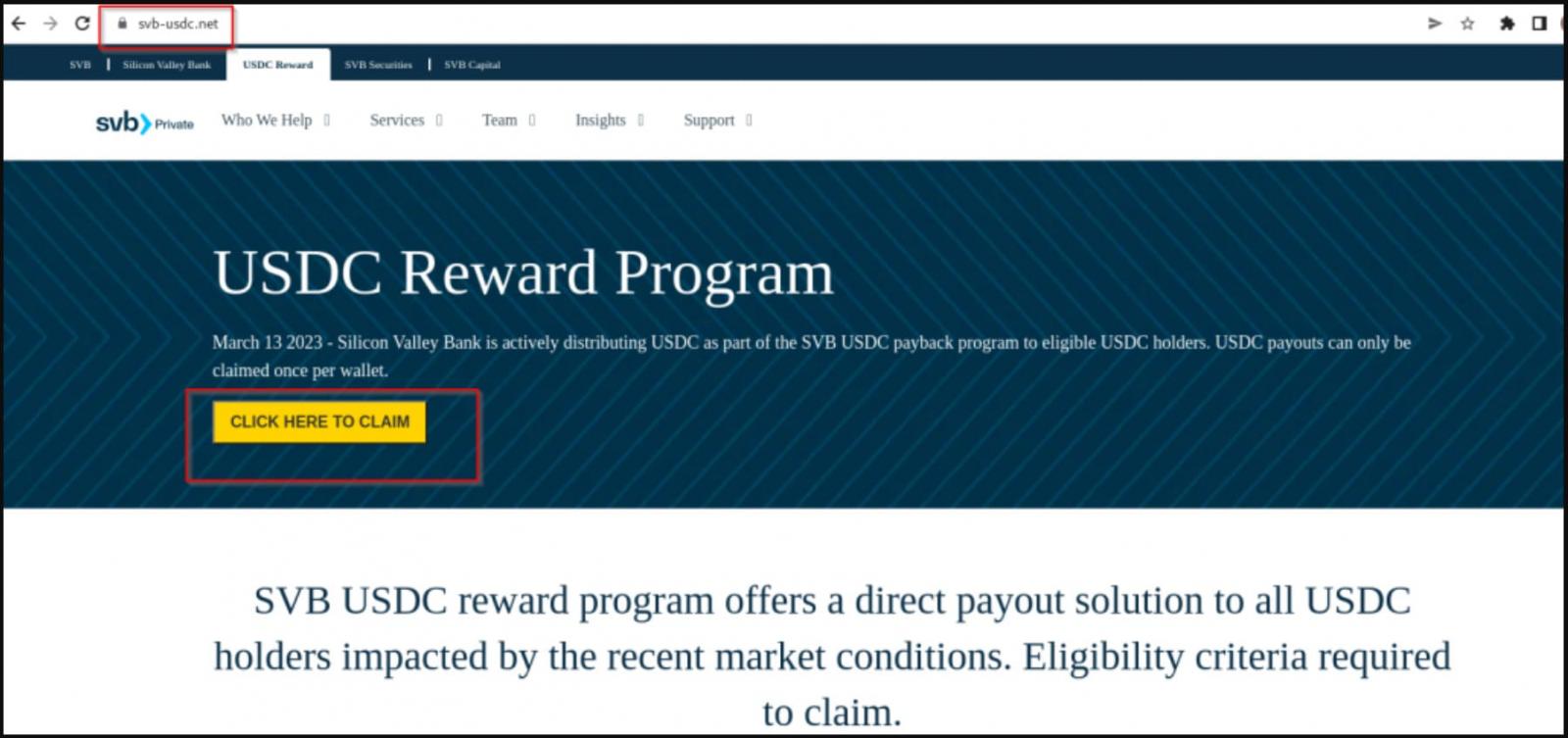 Fraudulent cryptocurrency rewards page