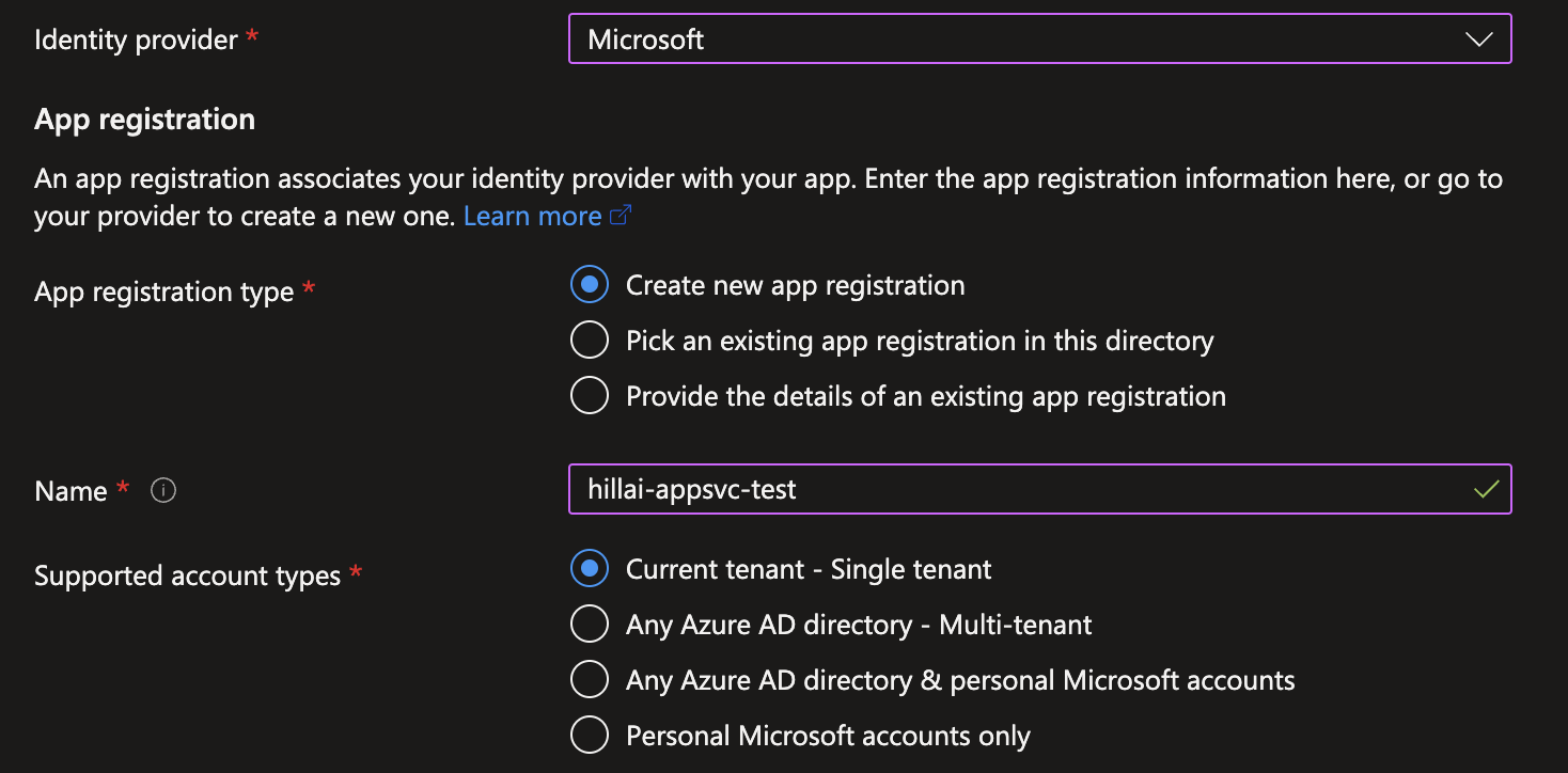 Azure AD yapılandırma seçenekleri