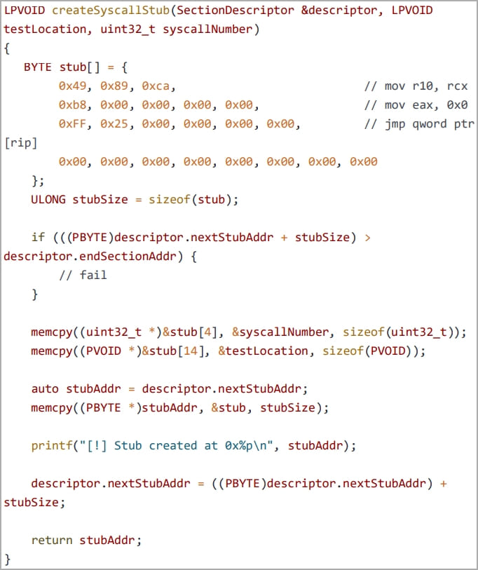 Code to create system call stub so API use can be bypassed