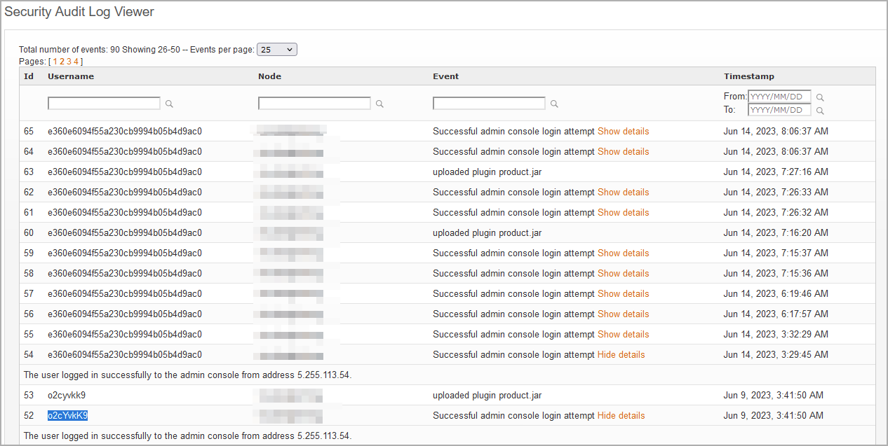 Evidence of the attack on Openfire's security logs