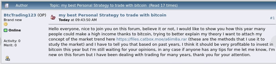 Promoting malicious archives on a crypto trader forum