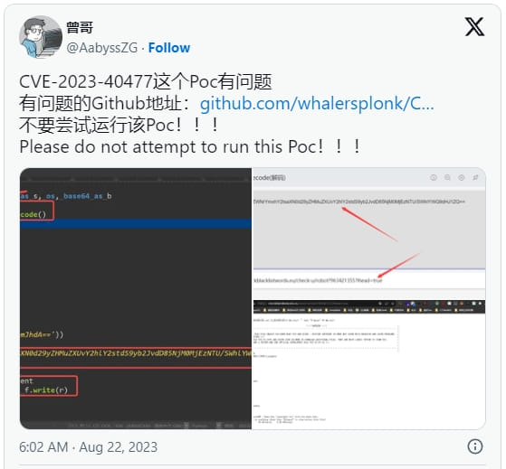 "Red teamer" warning about the PoC on Twitter