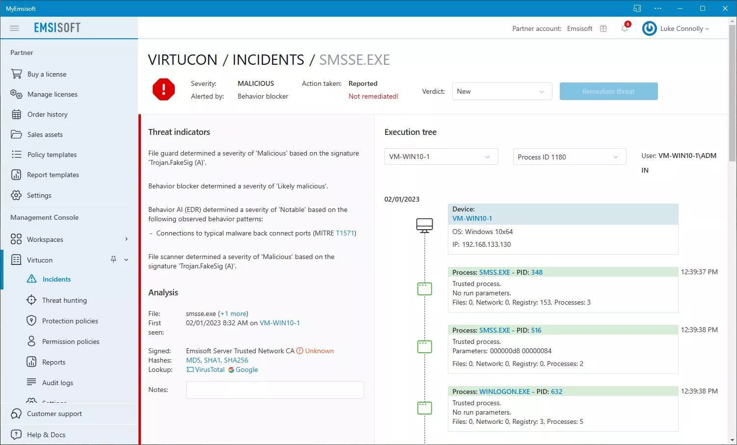 Emsisoft のツールによって検出された偽の署名