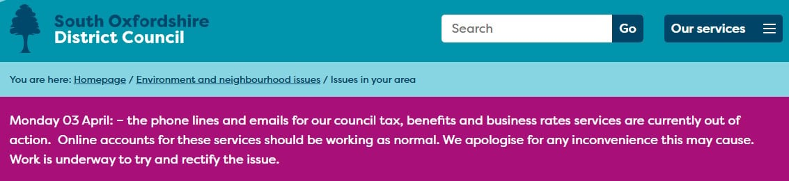 South Oxfordshire website outage notice
