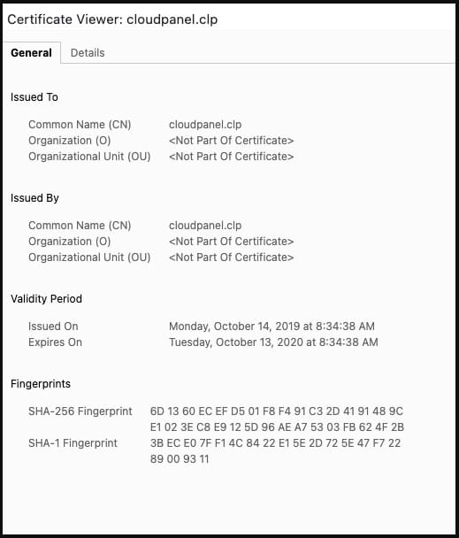 Certificate provided with each CloudPanel installation