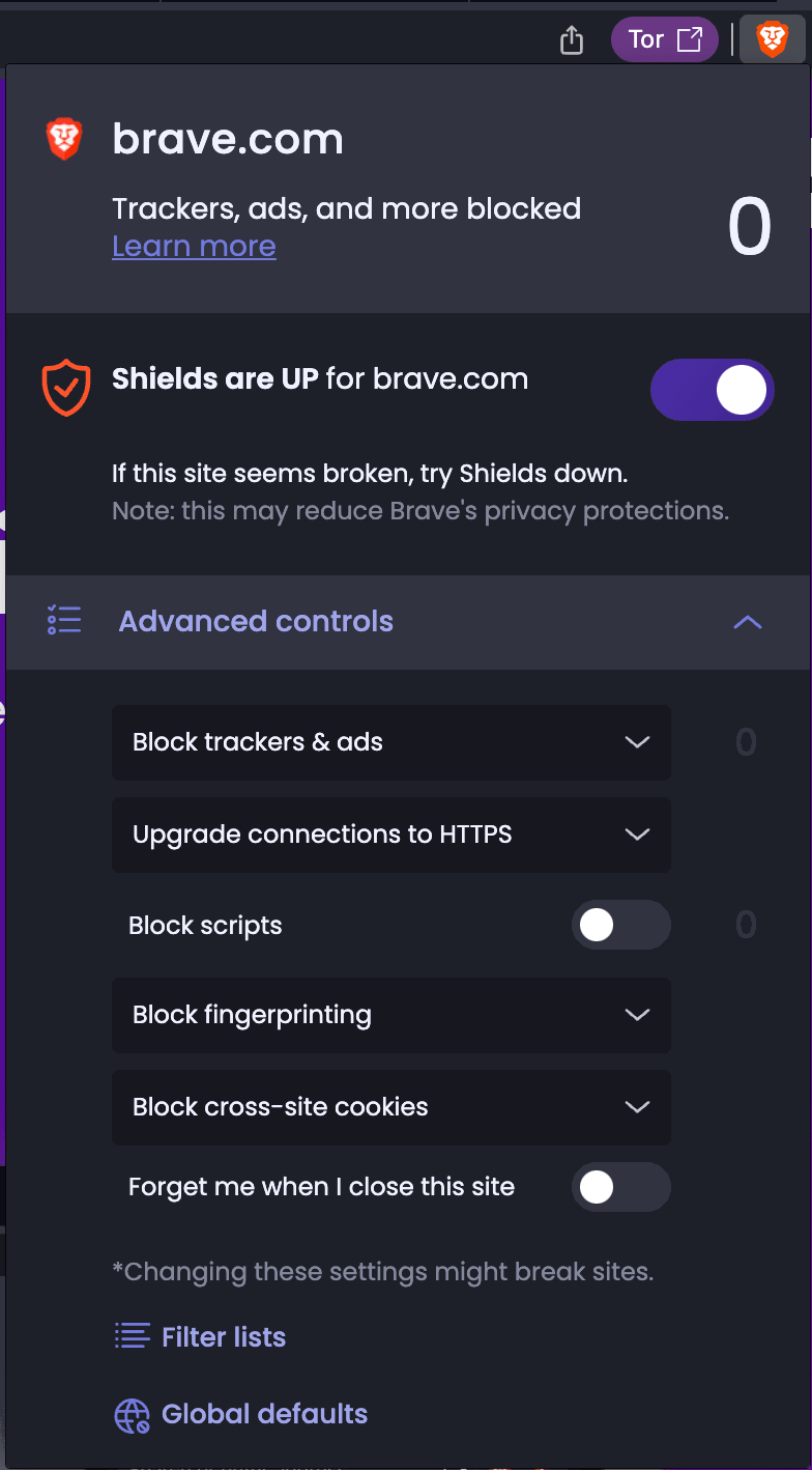 Opsi khusus situs tersedia di ikon Shields