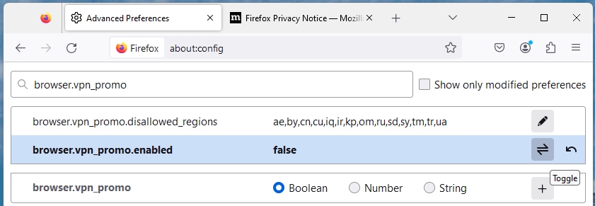 Disabling the VPN ad from Firefox advanced settings
