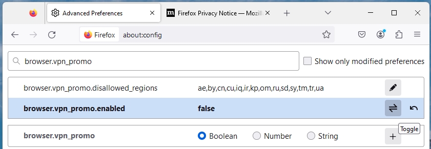 Firefox の詳細設定から VPN 広告を無効にする