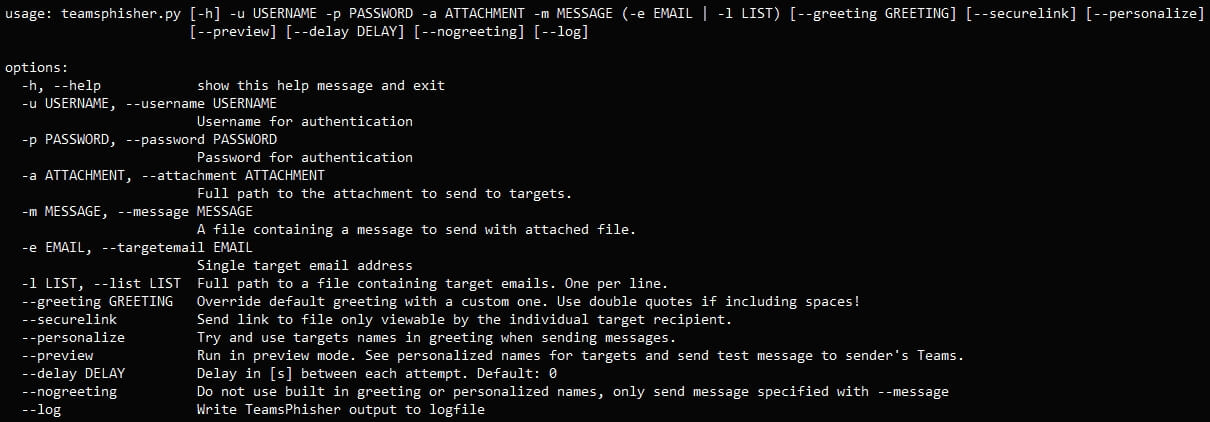 New tool exploits Microsoft Teams bug to send malware to users 4 All options and arguments supported by the tool