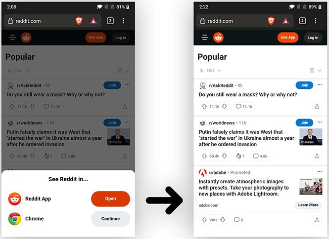 Invite Reddit to visit site via app