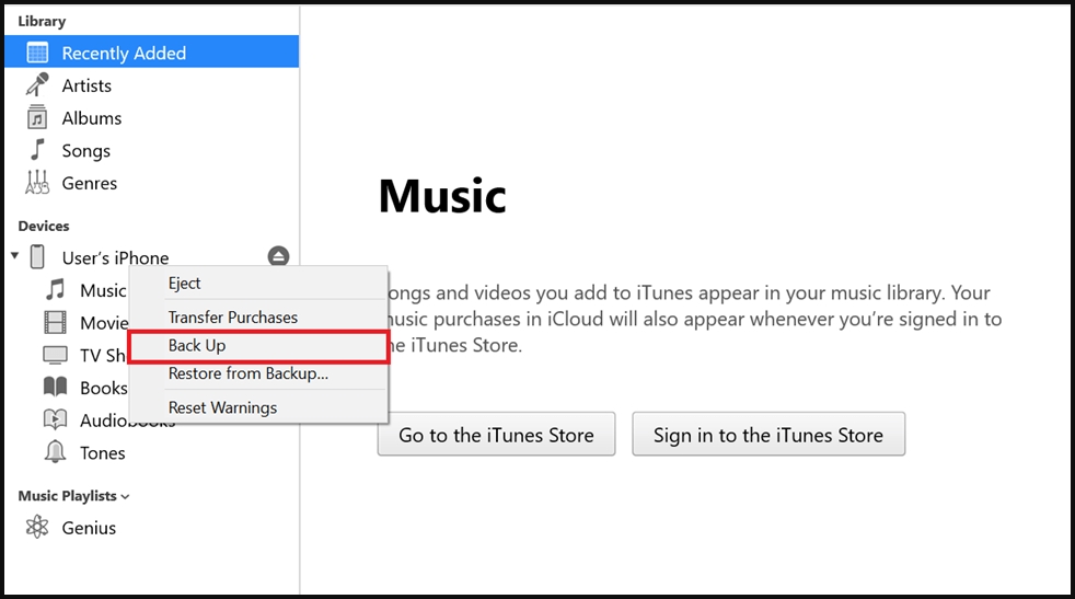 Creating an iOS backup through iTunes