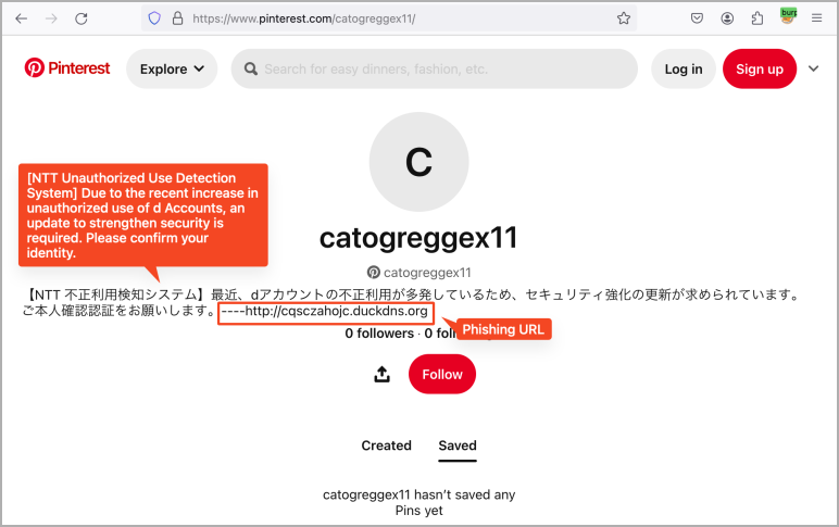 Pinterest profile hosting the phishing message and URL