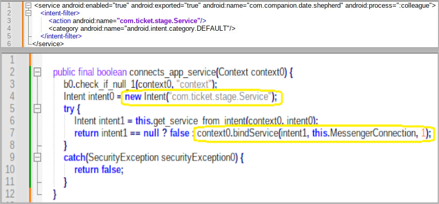 Service declaration (top) and event binding (bottom)