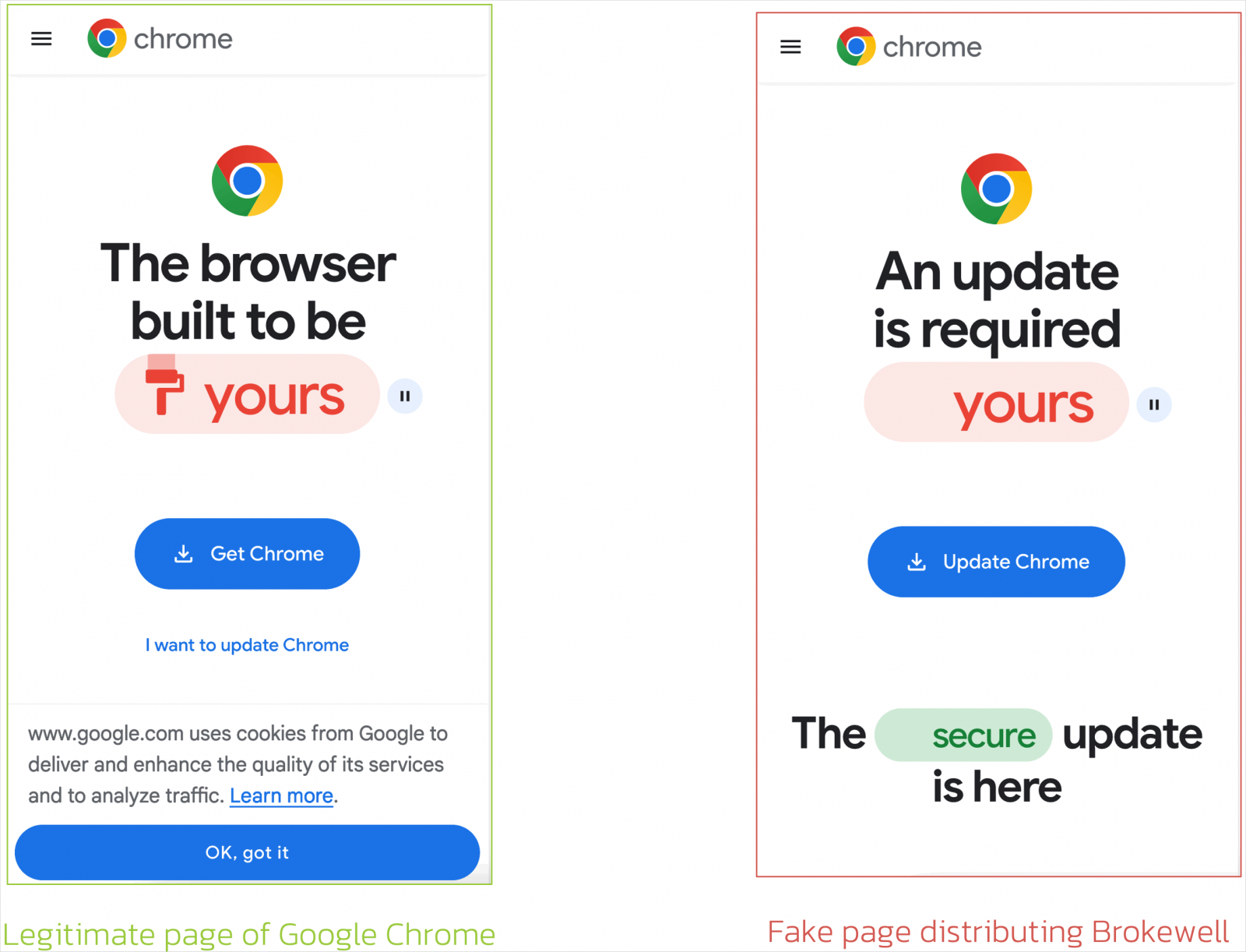 Meşru (solda) ve sahte (sağda) Chrome güncelleme sayfaları