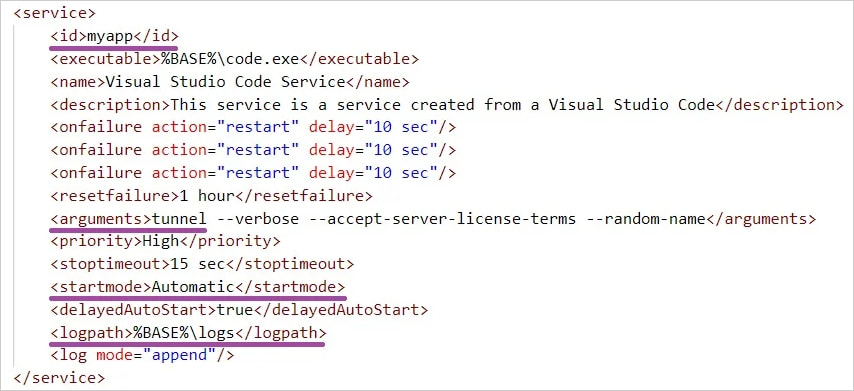 Visual Studio Code tünel kurulumu için hizmet yapılandırması.