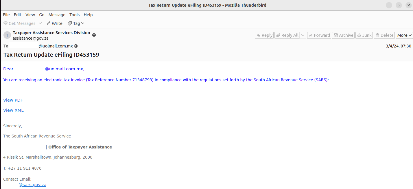 Phishing email targeting people in South Africa