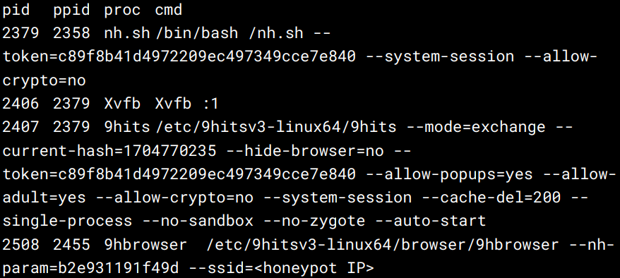 Processes ran by the 9hits container